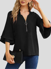 Blouses V-Neck Zip Layered Flare Sleeves Blouse for Women