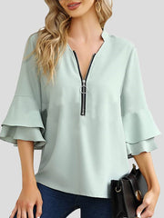Blouses V-Neck Zip Layered Flare Sleeves Blouse for Women
