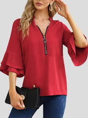 Blouses V-Neck Zip Layered Flare Sleeves Blouse for Women