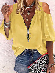 Blouses V-Neck Zip Off-Shoulder Long Sleeve Blouse for Women