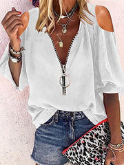 Blouses V-Neck Zip Off-Shoulder Long Sleeve Blouse for Women