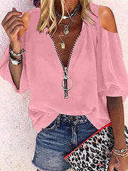 Blouses V-Neck Zip Off-Shoulder Long Sleeve Blouse for Women