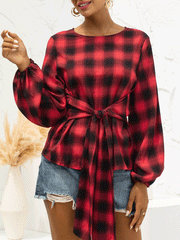 Blouses Vintage Plaid Belted Long Sleeve Blouse for Women
