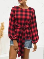 Blouses Vintage Plaid Belted Long Sleeve Blouse for Women
