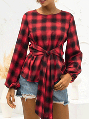 Blouses Vintage Plaid Belted Long Sleeve Blouse for Women