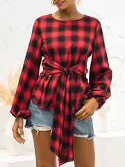 Blouses Vintage Plaid Belted Long Sleeve Blouse for Women