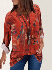 Blouses Vintage Print Button Long Sleeve Blouse for Women