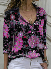 Blouses Vintage Print Button Long Sleeve Blouse for Women