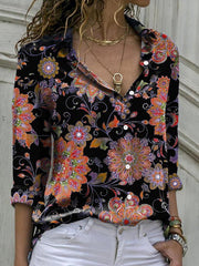 Blouses Vintage Print Button Long Sleeve Blouse for Women