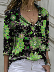 Blouses Vintage Print Button Long Sleeve Blouse for Women