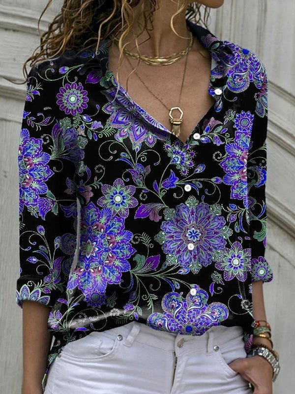 Blouses Vintage Print Button Long Sleeve Blouse for Women