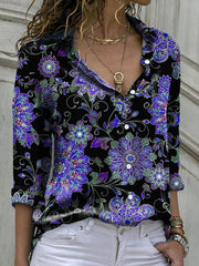 Blouses Vintage Print Button Long Sleeve Blouse for Women