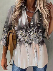 Blouses Vintage Print Lapel Breasted Long Sleeve Blouse for Women