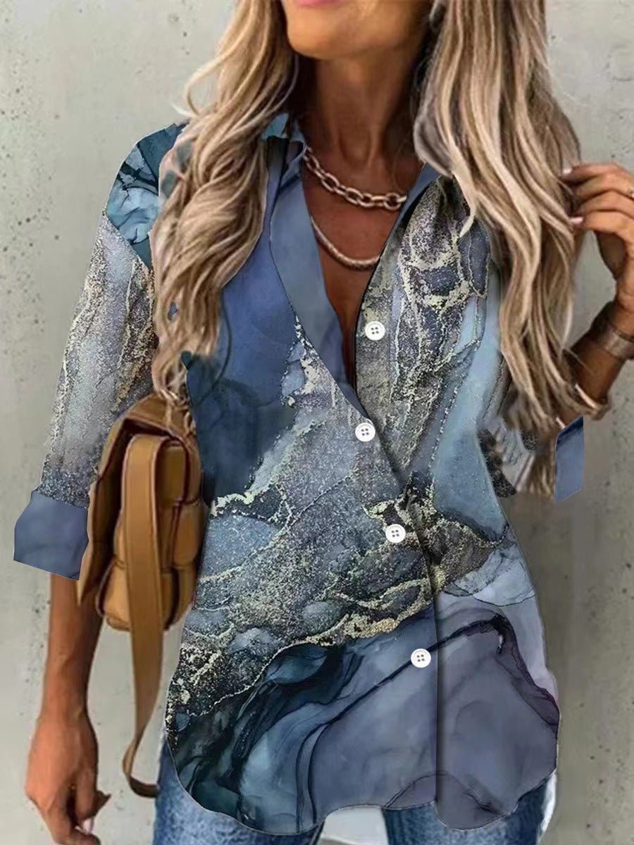 Blouses Vintage Print Lapel Breasted Long Sleeve Blouse for Women