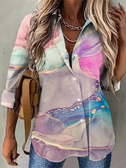 Blouses Vintage Print Lapel Breasted Long Sleeve Blouse for Women
