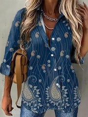 Blouses Vintage Print Lapel Breasted Long Sleeve Blouse for Women