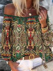 Blouses Vintage Print One-Shoulder Ruffled Blouse for Women