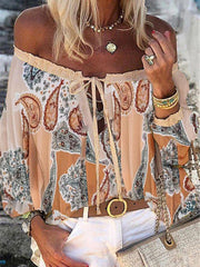 Blouses Vintage Print One-Shoulder Ruffled Blouse for Women