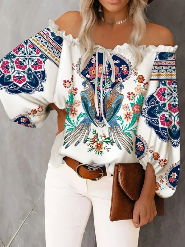 Blouses Vintage Print One-Shoulder Ruffled Blouse for Women