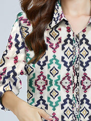 Blouses Vintage Print Single Breasted Long Sleeve Blouse for Women
