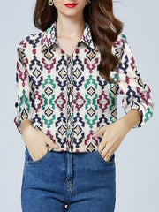 Blouses Vintage Print Single Breasted Long Sleeve Blouse for Women