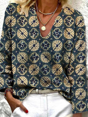 Blouses Vintage Print V-Neck Long Sleeve Blouse for Women