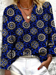 Blouses Vintage Print V-Neck Long Sleeve Blouse for Women