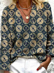 Blouses Vintage Print V-Neck Long Sleeve Blouse for Women