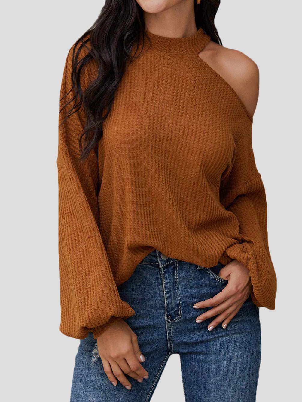 Blouses Waffle Off Shoulder Long Sleeve Knit Blouse for Women