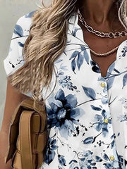 Blouses Wavy Neck Print Button Short Sleeve Blouse for Women