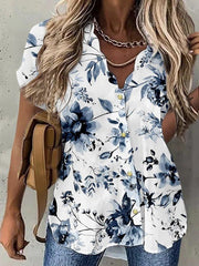 Blouses Wavy Neck Print Button Short Sleeve Blouse for Women