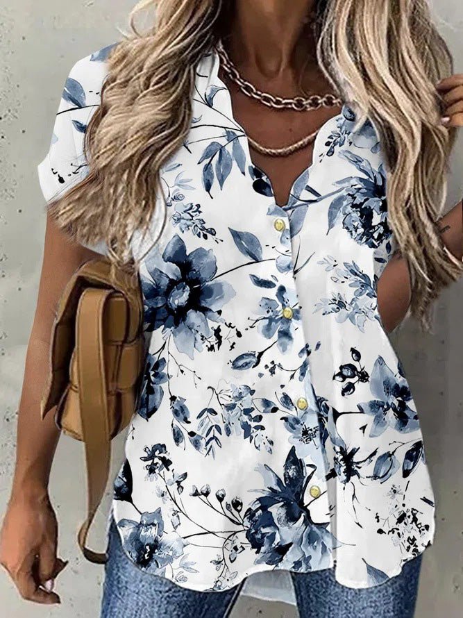 Blouses Wavy Neck Print Button Short Sleeve Blouse for Women