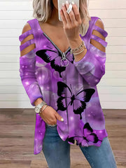 Butterfly Print V-Neck Zipper Hollow Long Sleeve T-Shirt