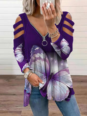 Butterfly Print V-Neck Zipper Hollow Long Sleeve T-Shirt
