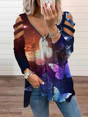 Butterfly Print V-Neck Zipper Hollow Long Sleeve T-Shirt