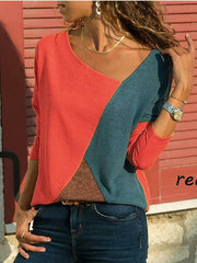 Blouses Splice Contrast Round Neck Long Sleeve Casual  Blouse for Women
