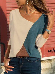 Blouses Splice Contrast Round Neck Long Sleeve Casual  Blouse for Women