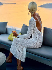 Backless Tie Up Knit Crochet Hollow-Out Beach Maxi Dress