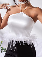 Feather Trim Halter Crop Top