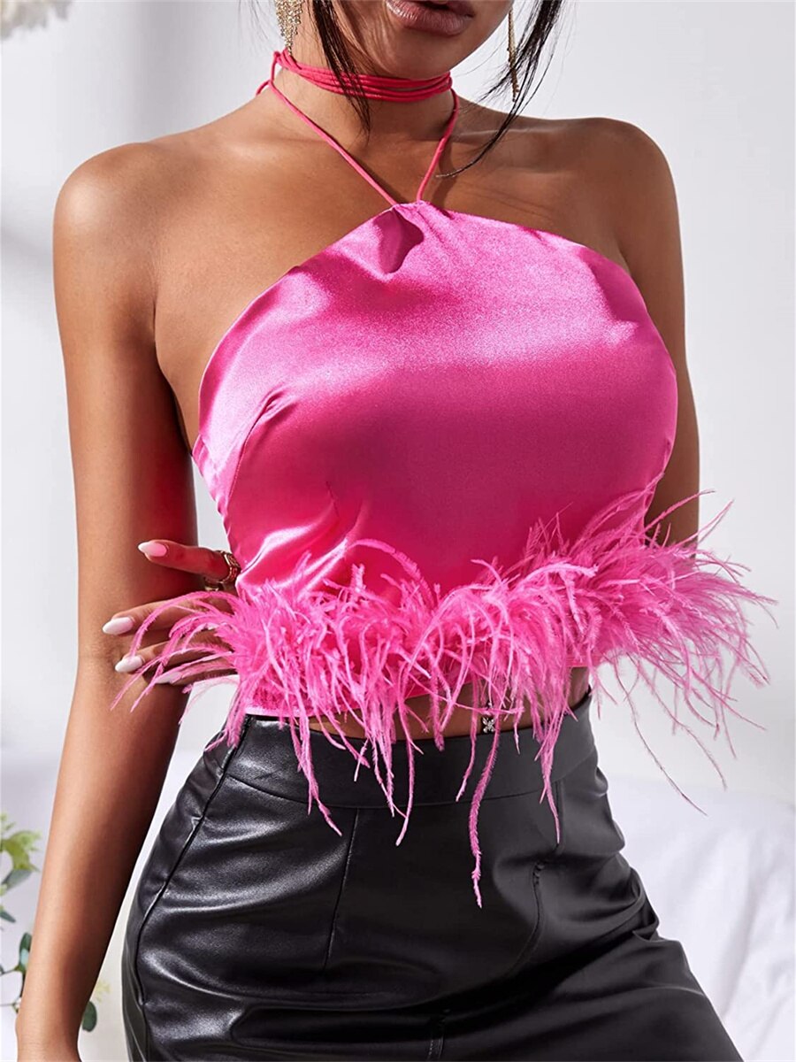 Feather Trim Halter Crop Top