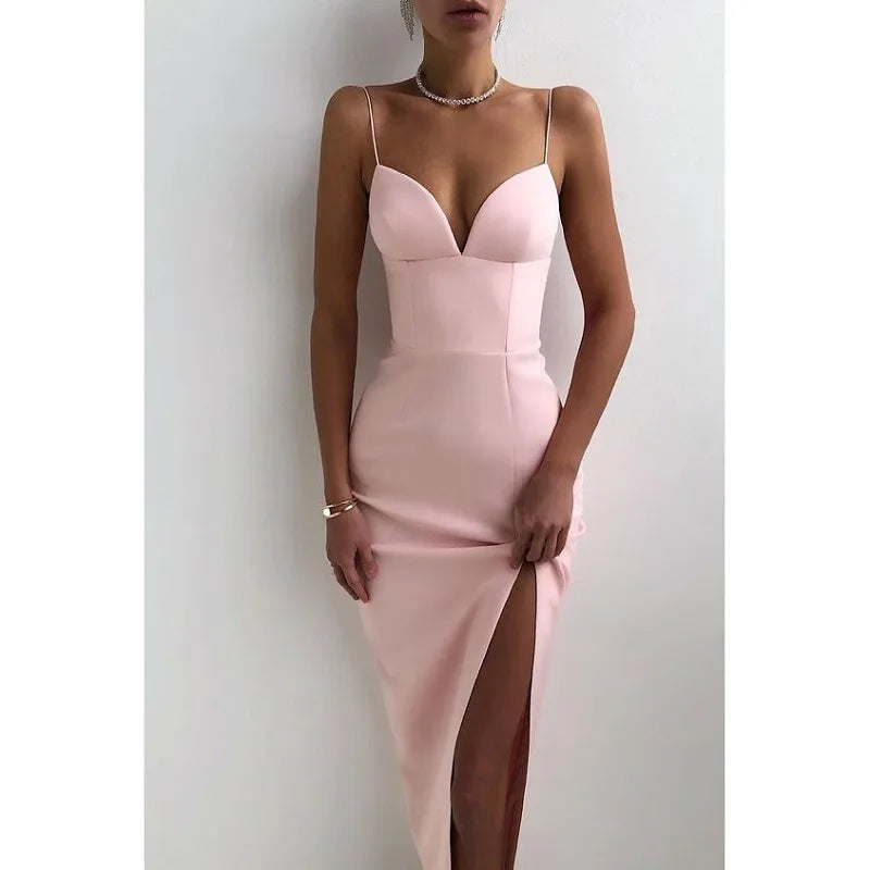 Elegant High Slit Bodycon Spaghetti Straps Corset Midi Dress