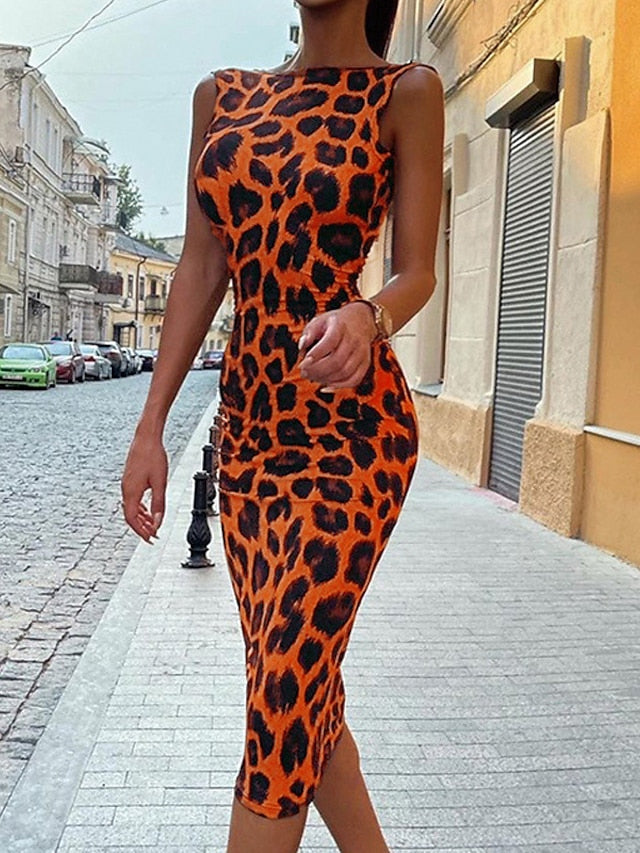 Bodycon Sheath Dress Midi Dress Yellow Red Purple Sleeveless Leopard Backless Spring Summer Crew Neck Stylish Weekend  S M L XL XXL 3XL for Women