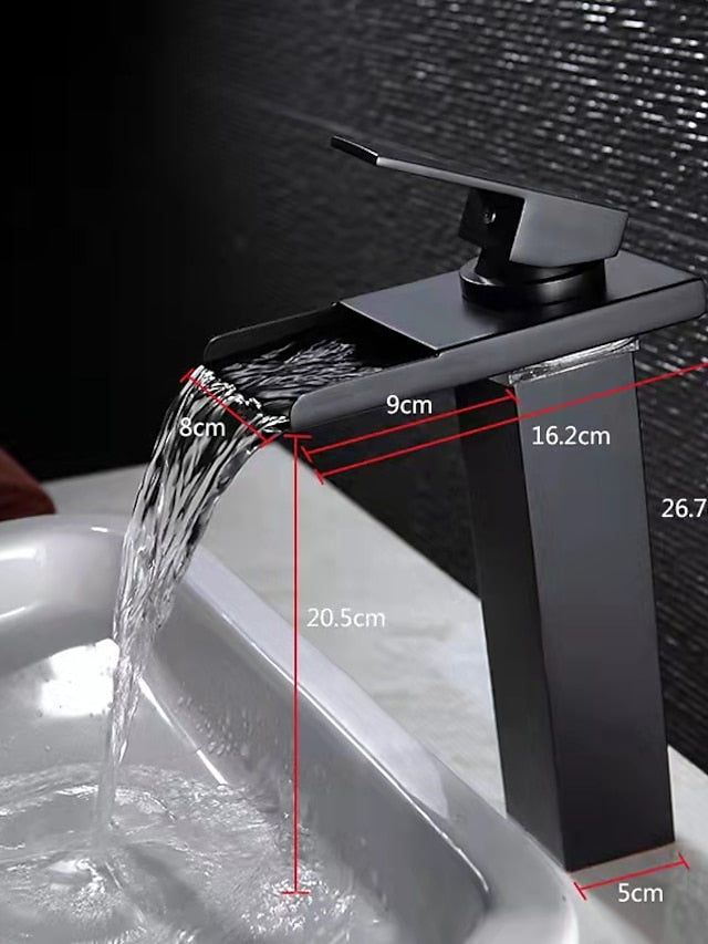 Bathroom Vessel Faucet Tall LED Waterfall Spout 3 Color Changes with Temperature, Sink Mixer Mono Basin Taps, Single Handle One Hole Brass Washroom Vessel Tap Deck Mounted