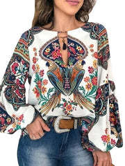 Blouse Print Flower / Floral Modern Round Neck Standard Spring, Fall, Winter, Summer Blue Pink Yellow White for Women