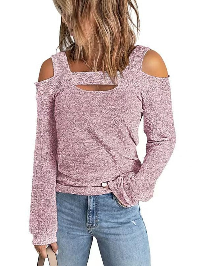 Blouse Hollow Out Plain Basic Off Shoulder Standard Spring &  Fall Black Pink Red khaki Grey for Women