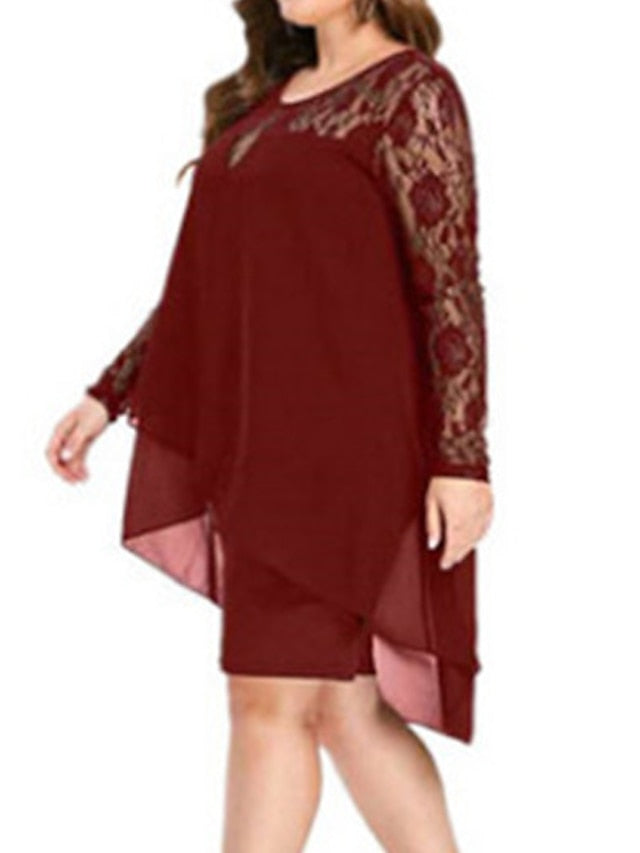 Black Blue Wine Long Sleeve Pure Color Lace Fall Crew Neck Winter Dress Fall Dress XL XXL 3XL 4XL 5XL for Women