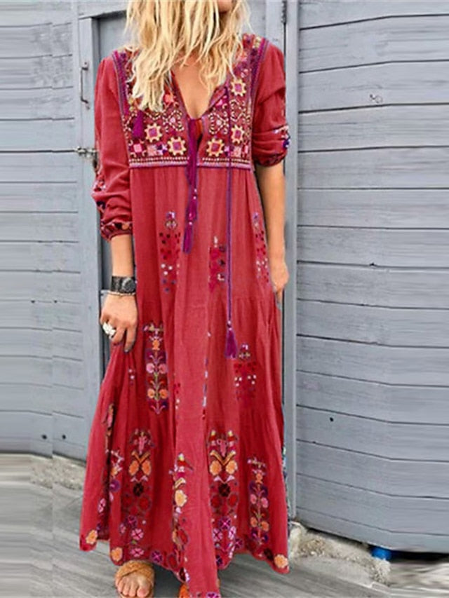 Bohemia Casual Dress Shift Dress Boho Dress Long Dress Maxi Dress Red Blue Brown Long Sleeve Floral Print Summer Fall Autumn V Neck Vacation Weekend Fall Dress  S M L XL XXL 3XL 4XL for Women