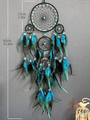 Blue Dream Catcher Handmade Gift Feather Hook Flower Wind Chime with Five Circles Ornament Wall Hanging Decor Art Boho Style 15x85cm/5.9'' x 88.4''