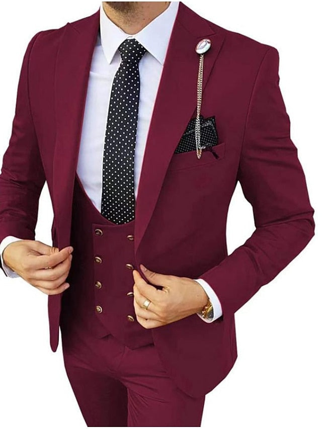 Black Yellow Red Men's Wedding Suits 3 Piece Solid Colored Standard Fit Single Breasted One-button
