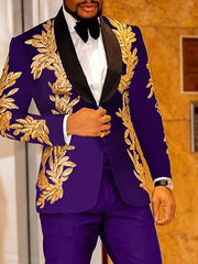 Burgundy Men's Party Prom Sequin Disco Sparkly Tuxedos 2 Piece Shawl Collar Floral Print Standard Fit Single Breasted One-button